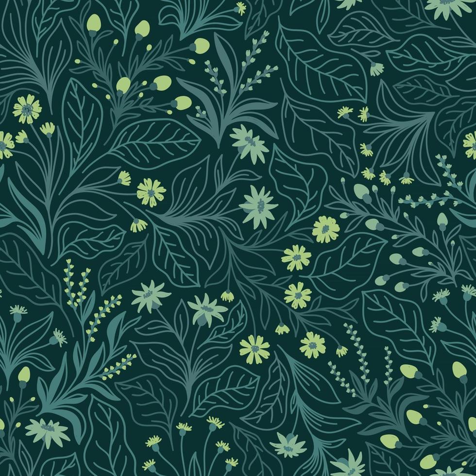 Emerald seamless background with green flowers and leaves vector