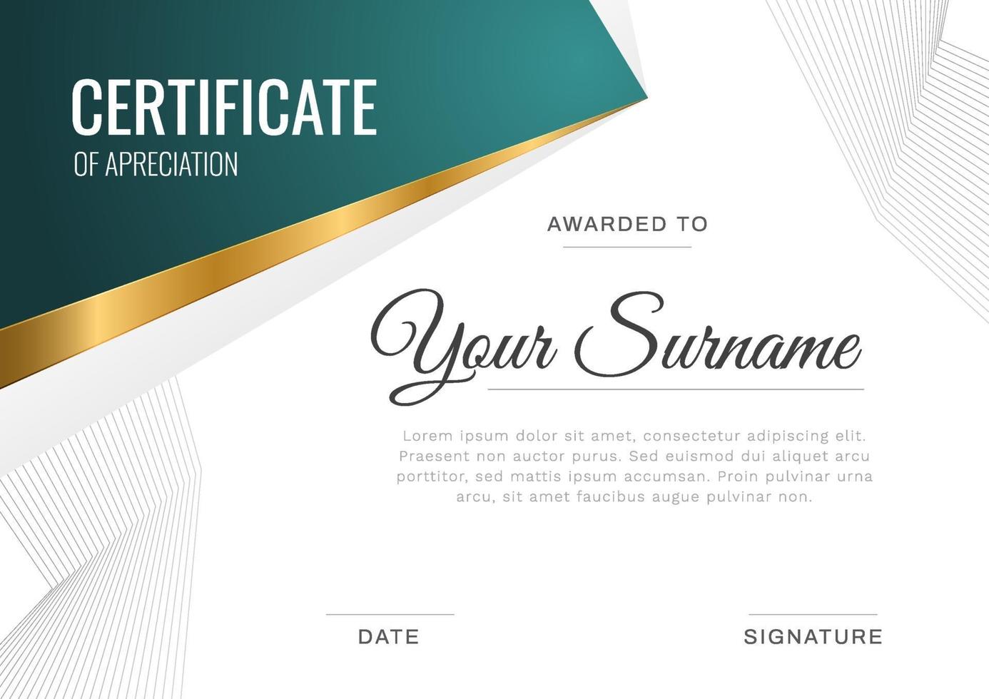 Certificate of appreciation template, gold and gradient tail color. Clean modern certificate border template with luxury and modern line pattern. Diploma vector template