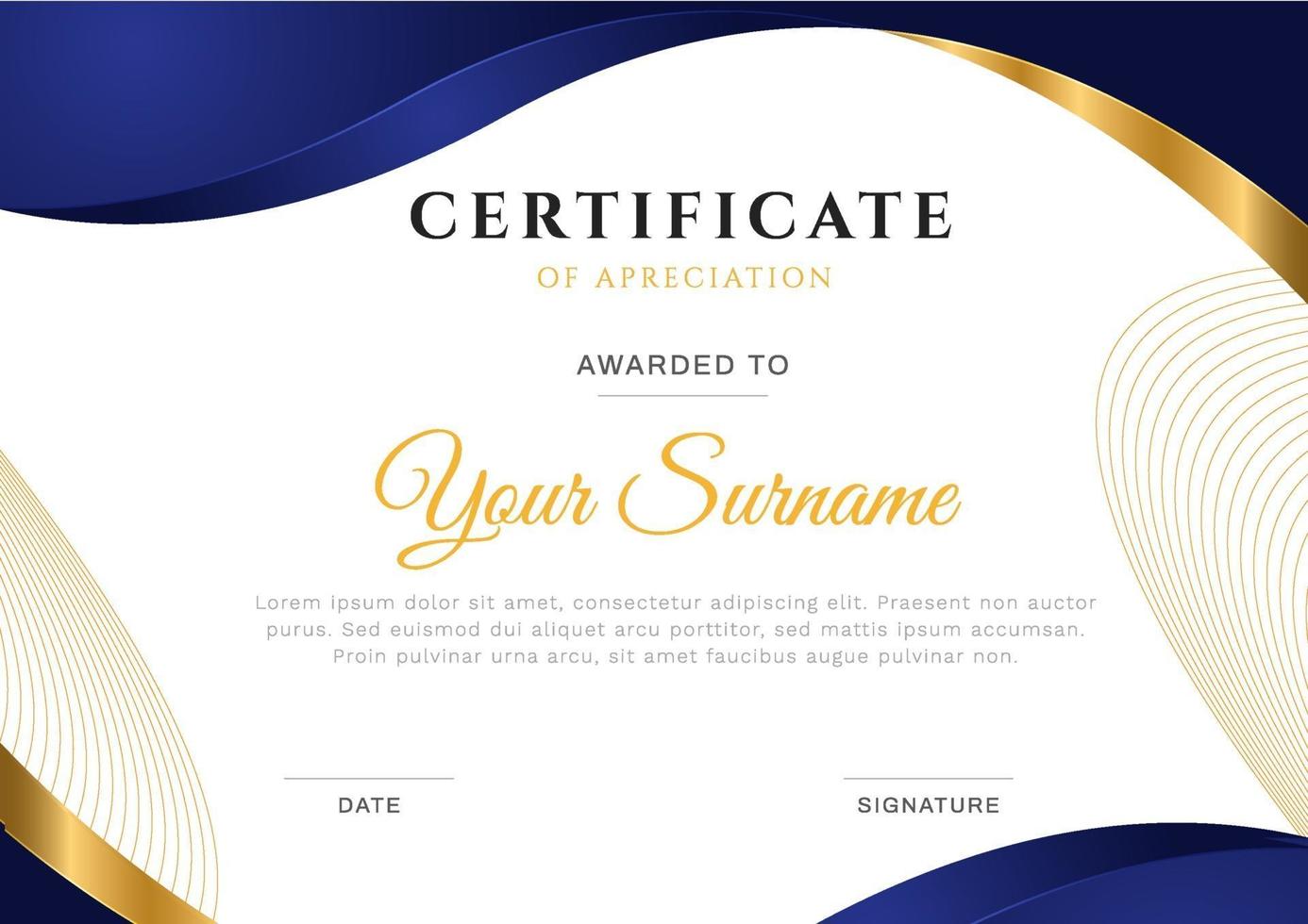 Modern wavy certificate with blue frame gradient and gold line. vector illustration print template.