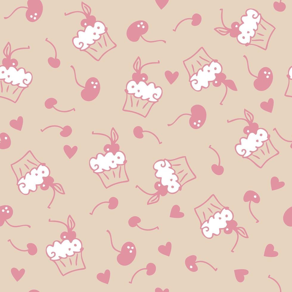 Doodle seamless pattern of sweet muffins and cherries vector