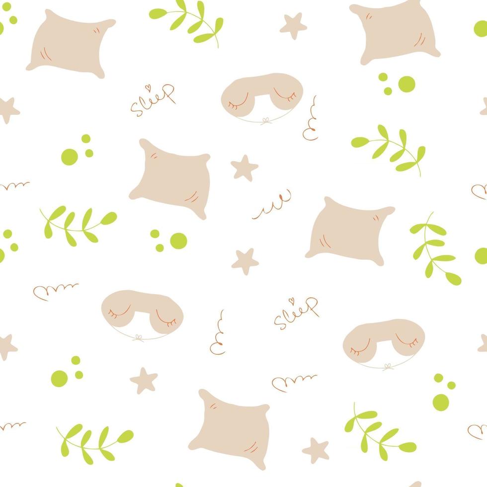 Cartoon style doodle seamless vector pattern of pillows and sleep masks