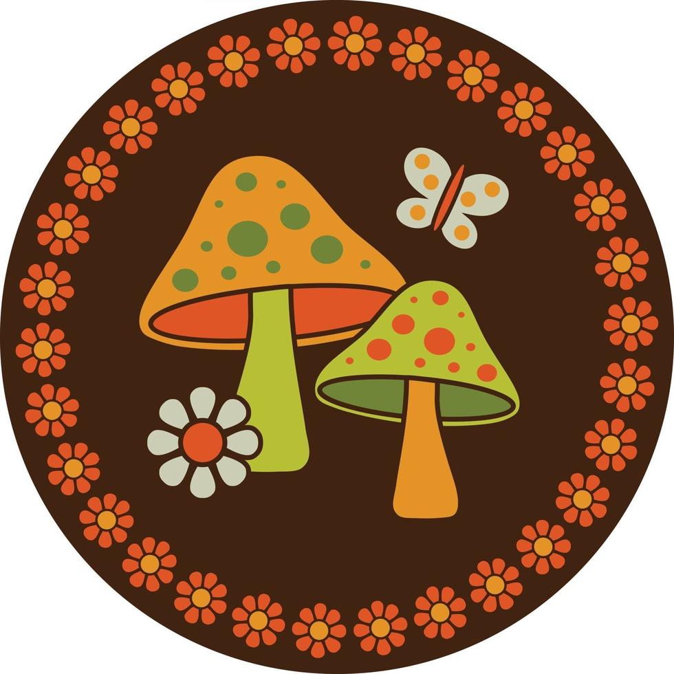 mushrooms flowers and butterflies circle graphic vector