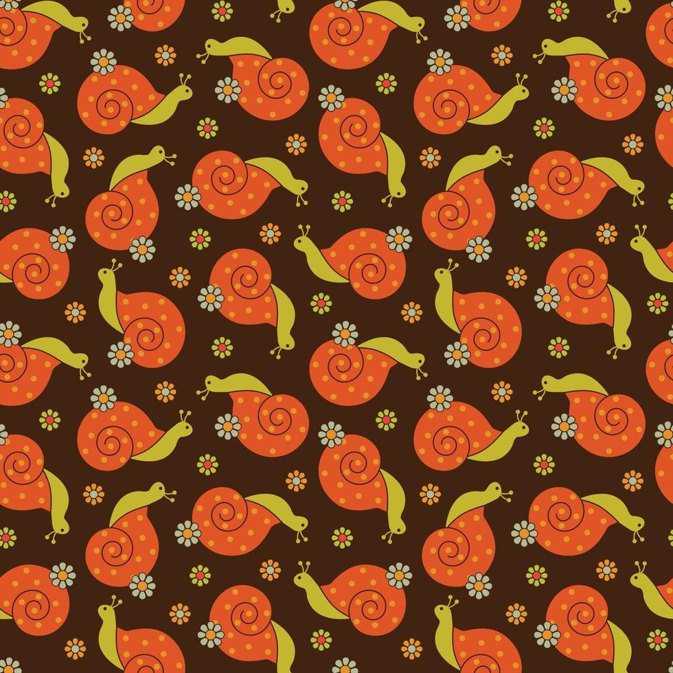 retro orange snails with daisy flowers seamless pattern vector