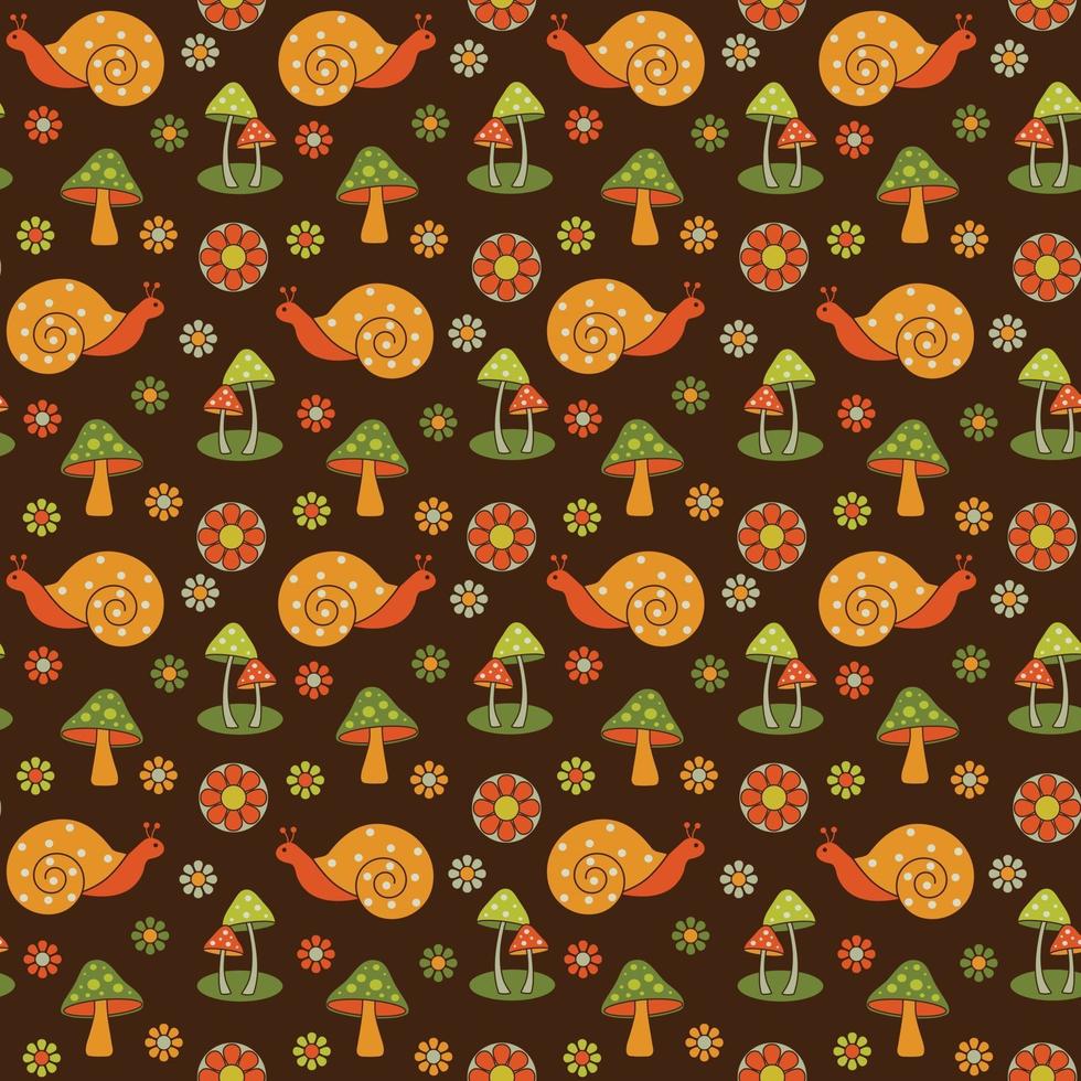 retro snail mushroom daisy seamless pattern vector