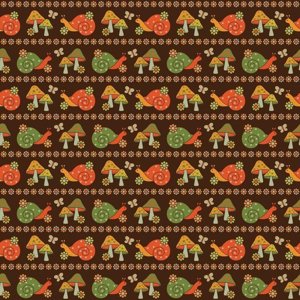 retro snails with mushrooms butterflies and daisy flowers seamless stripe pattern vector