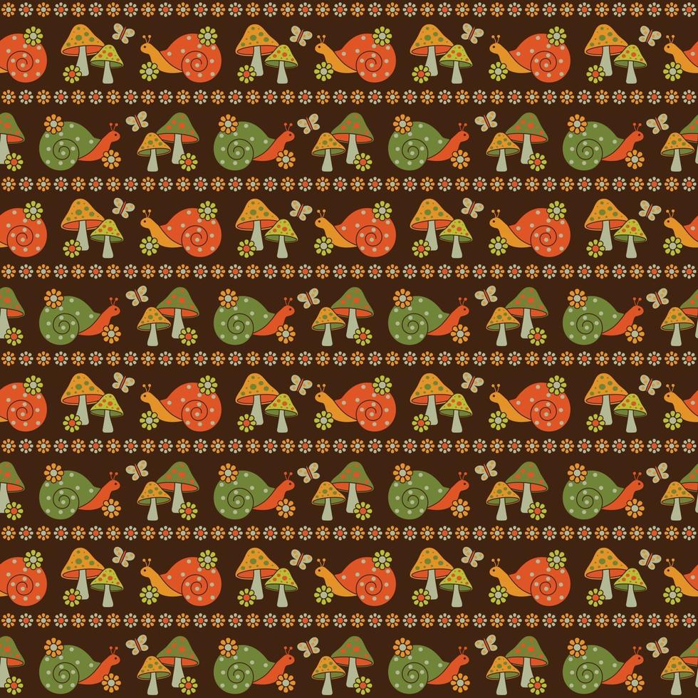retro snails with mushrooms butterflies and daisy flowers seamless stripe pattern vector