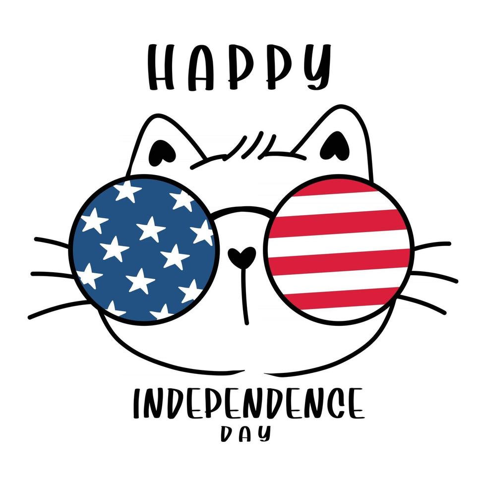 Cabeza de cara de gato lindo con rayas de la bandera de Estados Unidos y gafas de estrellas, día de la independencia del 4 de julio, ilustración de vector de doodle de dibujos animados