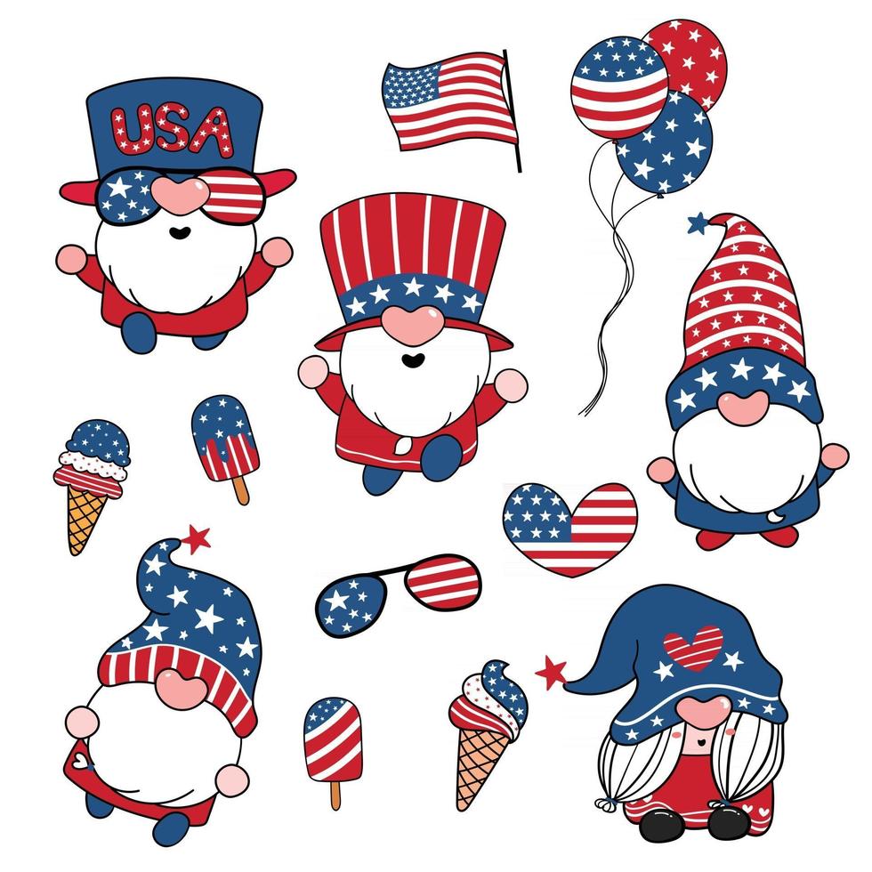 Independence day gnome elements cute cartoon vector collection summer America icecream and flag