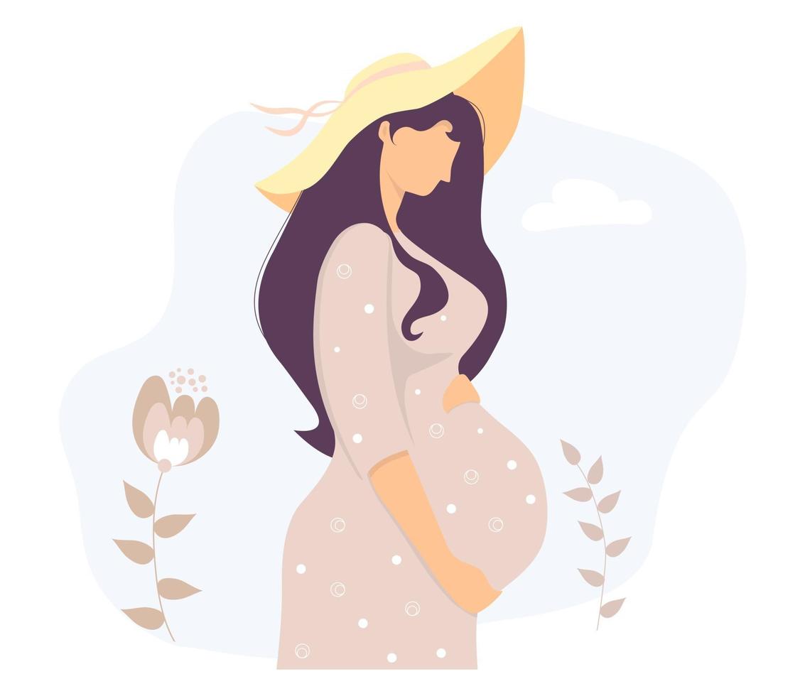 Cute pregnant girl in sun hat on decorative background vector