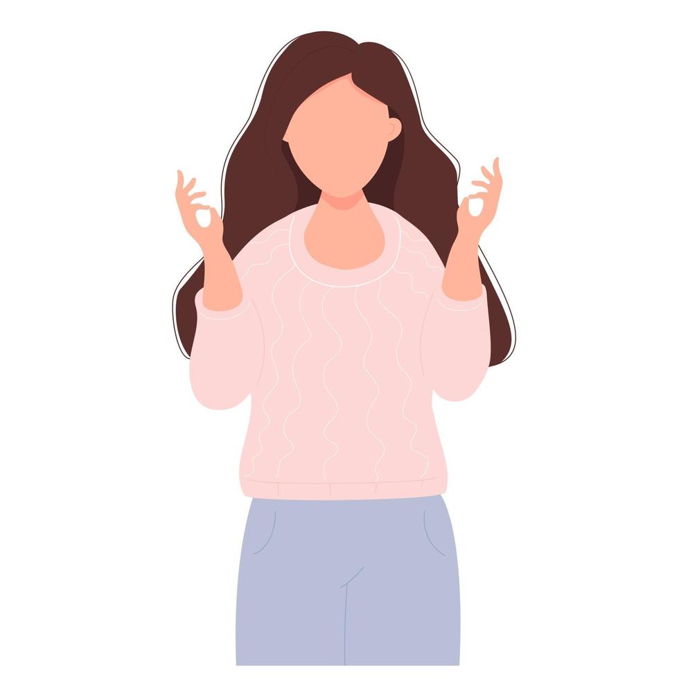 Beautiful girl with long hair holds hands in asana and meditates vector
