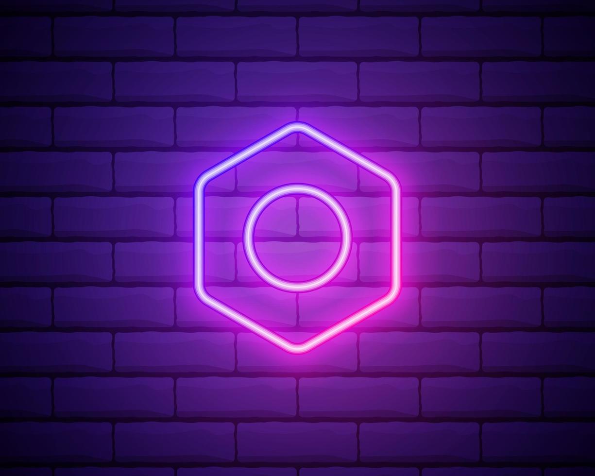 Icono de tuerca de metal hexagonal de línea de neón brillante aislado sobre fondo de pared de ladrillo. ilustración vectorial vector