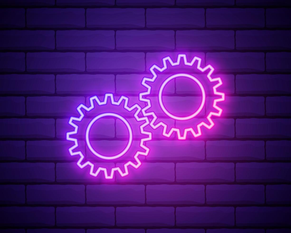 Gear, maintenance. Pink neon vector icon. Glowing gear symbol isolated on brick wall background