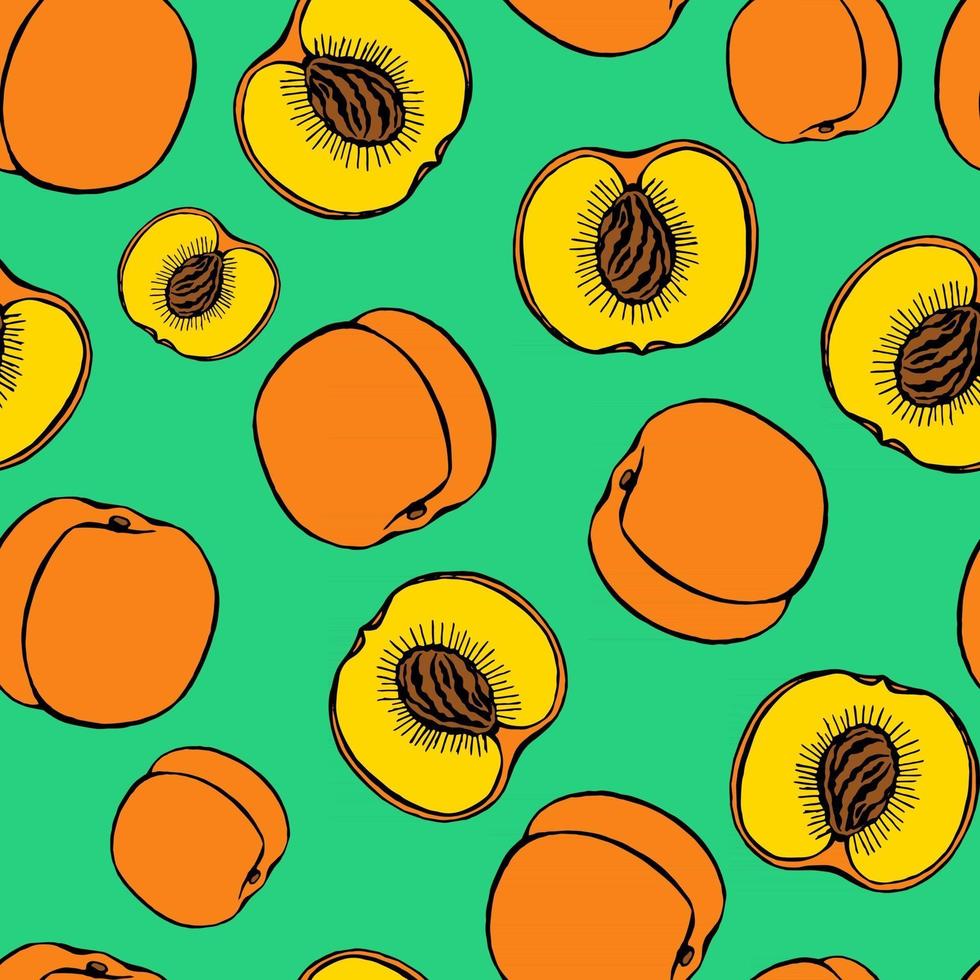 Patrón sin fisuras con elementos de frutas dibujados a mano melocotón. papel pintado vegetariano. para diseño de envases, textil, fondo, diseño de postales y carteles. vector