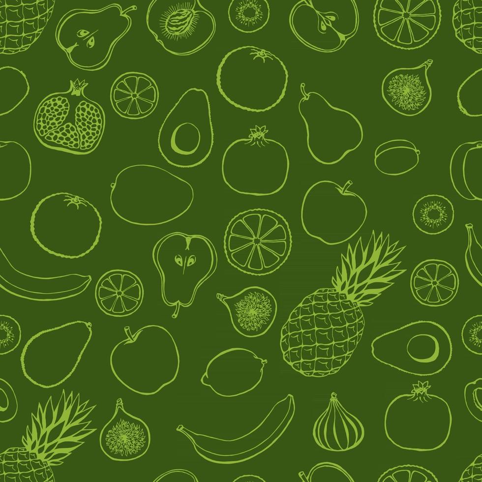 Seamless pattern with hand drawn fruits elements on a green background. Vegetarian wallpaper. For design packaging, textile, background, design postcards and posters. vector