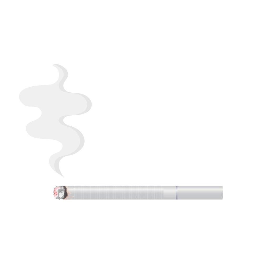 Realistic burning cigarette with smoke. Vector illustration isolated on white background.