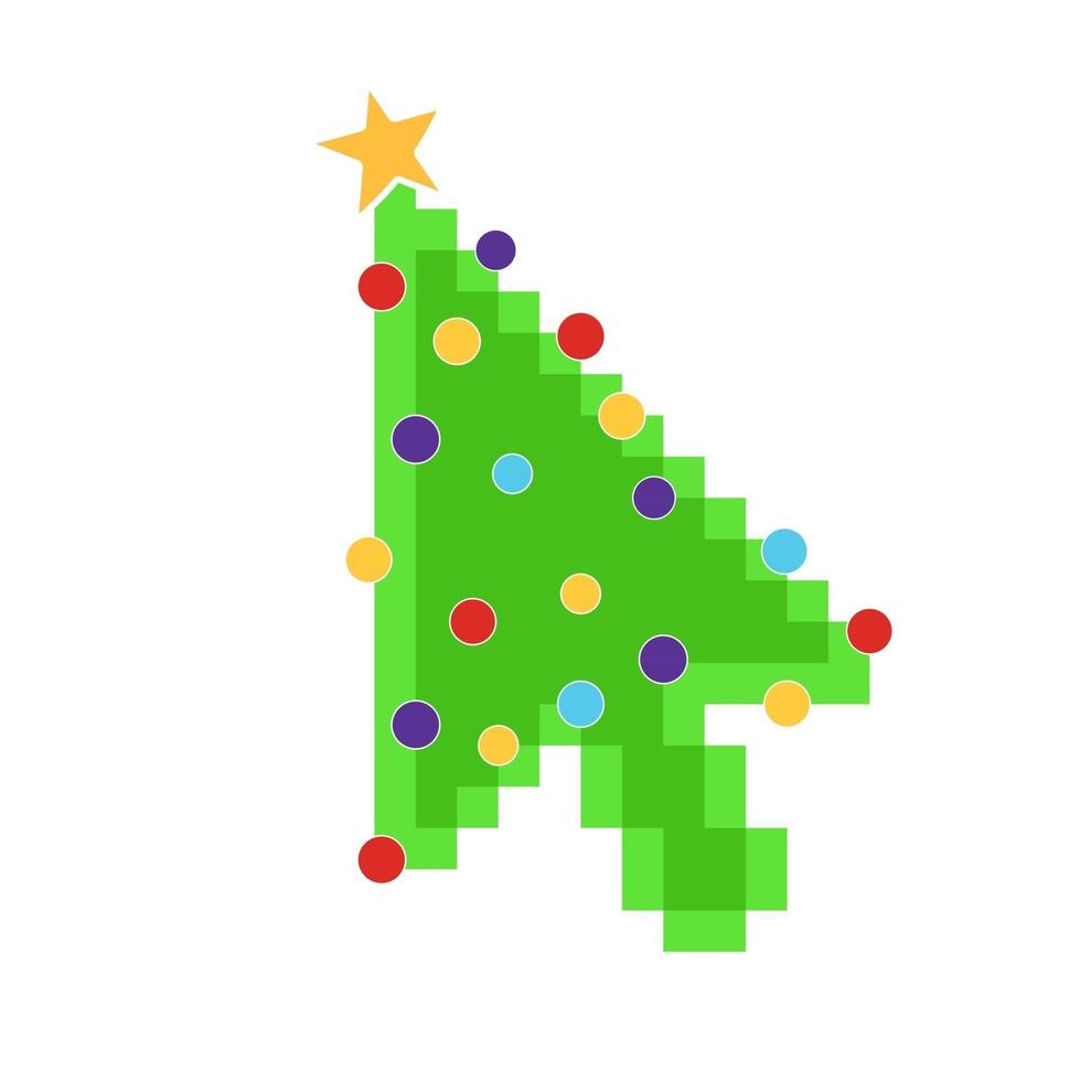 Computer mouse cursor arrow pointer like green christmas tree with balls and star. Merry Christmas and Happy New Year to you Flat style design vector illustration isolated on white background.