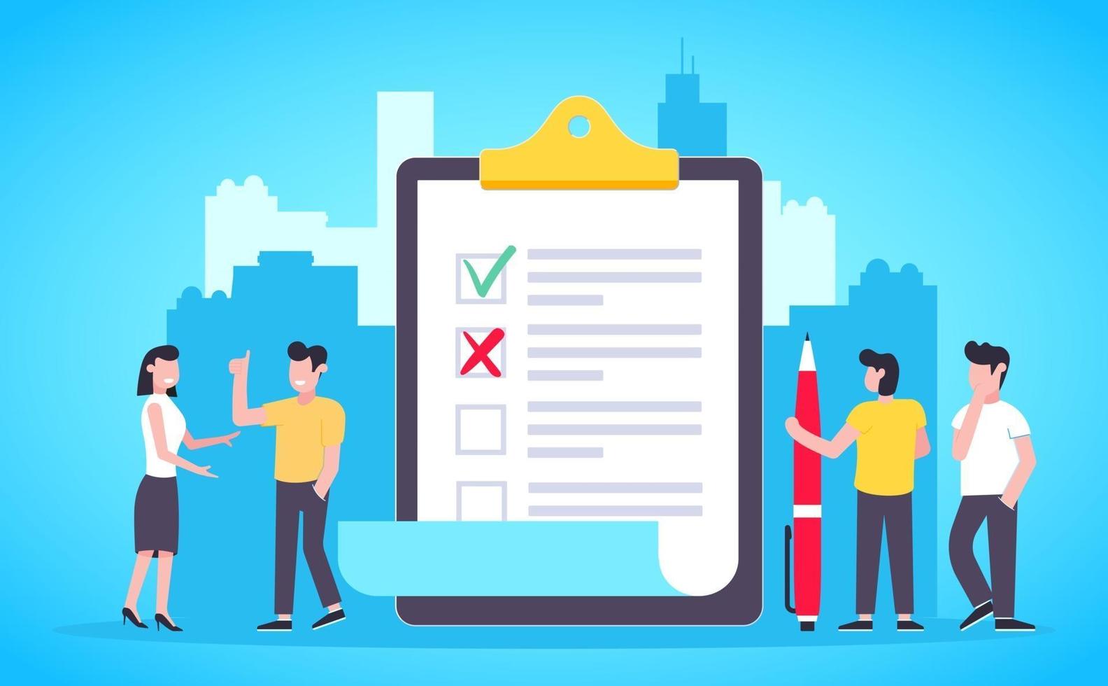 Small people standing near big clipboard and filling out check marks and crosses on the document vector