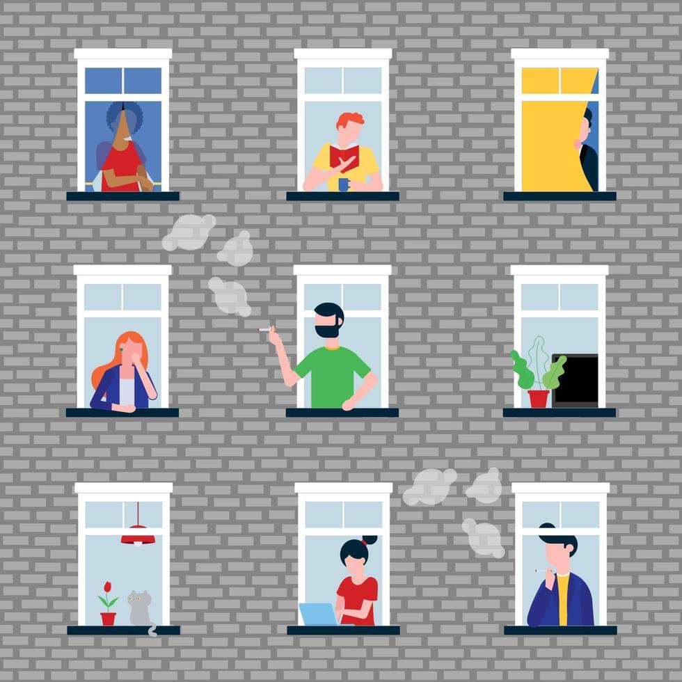 Various people in their windows behind brick wall characters flat style vector illustration. Neighbors as is that living in  apartments and do their deeds near windowsill seamless pattern