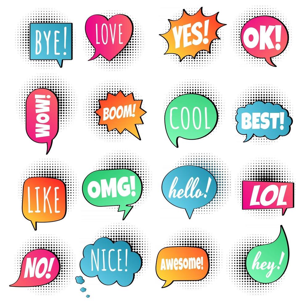 16 Speech bubbles flat gradient style design on halftone with text love, yes, like, lol, cool, wow, boom, yes... hand drawn comic cartoon style set vector illustration isolated on white background.