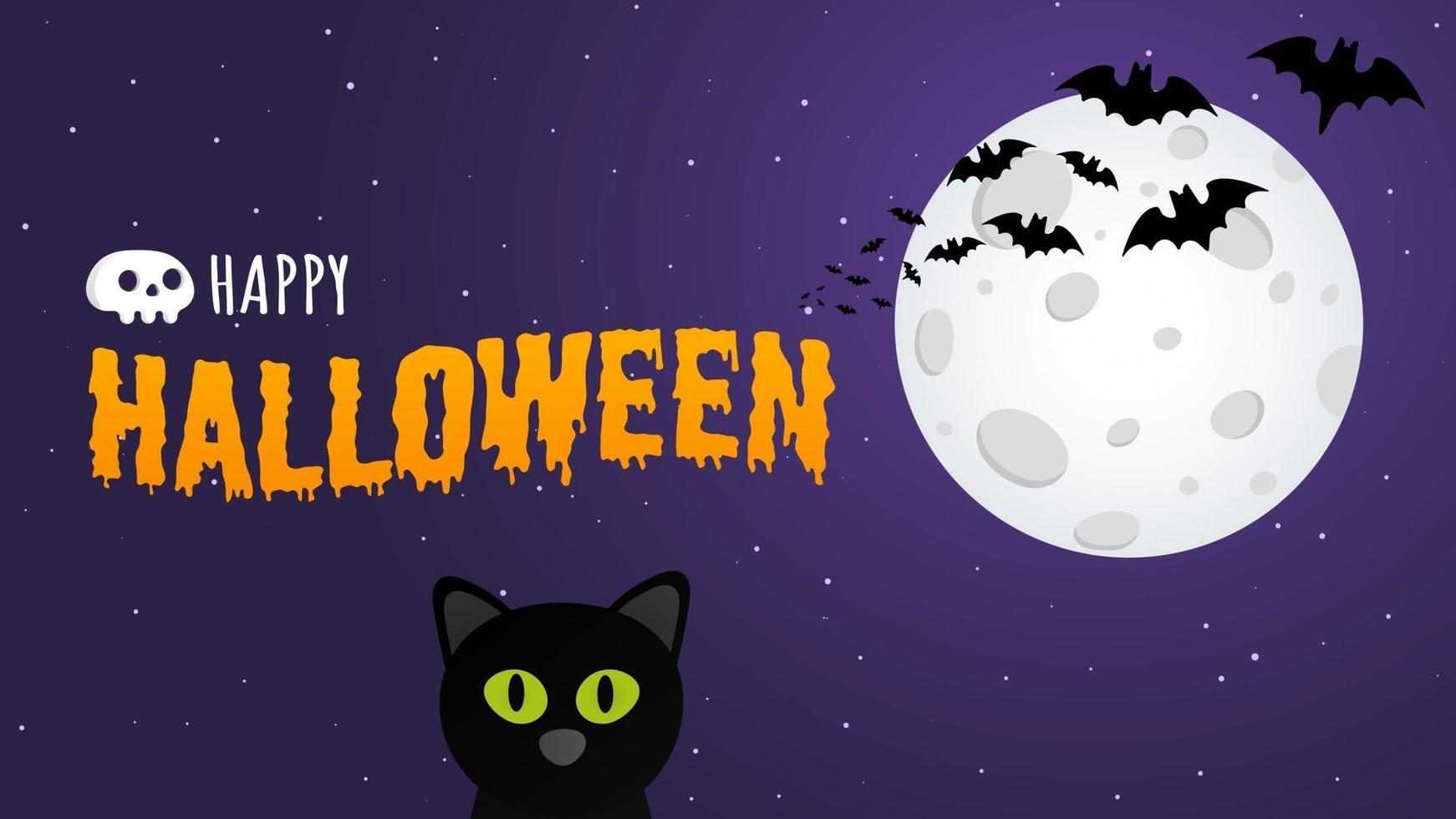 Banner de postal de texto de feliz halloween con gato bruja, murciélagos y texto vector