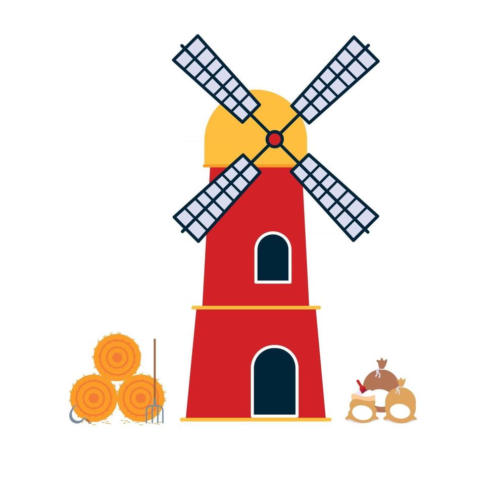 Traditional wind mill building with bale of hay and bags with flour flat style design vector illustration. Scene elements for slat style landscapes