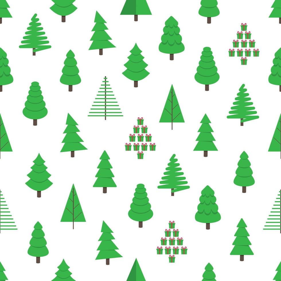 Ilustración de vector de patrón de diseño de estilo plano de abeto verde de árbol de Navidad. símbolo de la celebración navideña familiar aislada sobre fondo blanco. Envoltura, tela o textura de vacaciones de forma simple.