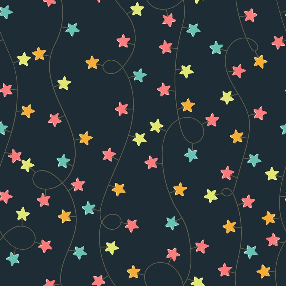 Vector modern colorful seamless background with illustrations of twinkle lights Christmas decorations. Use it for wallpaper, textile print, pattern fills, web page, surface textures, wrapping paper, design of presentation