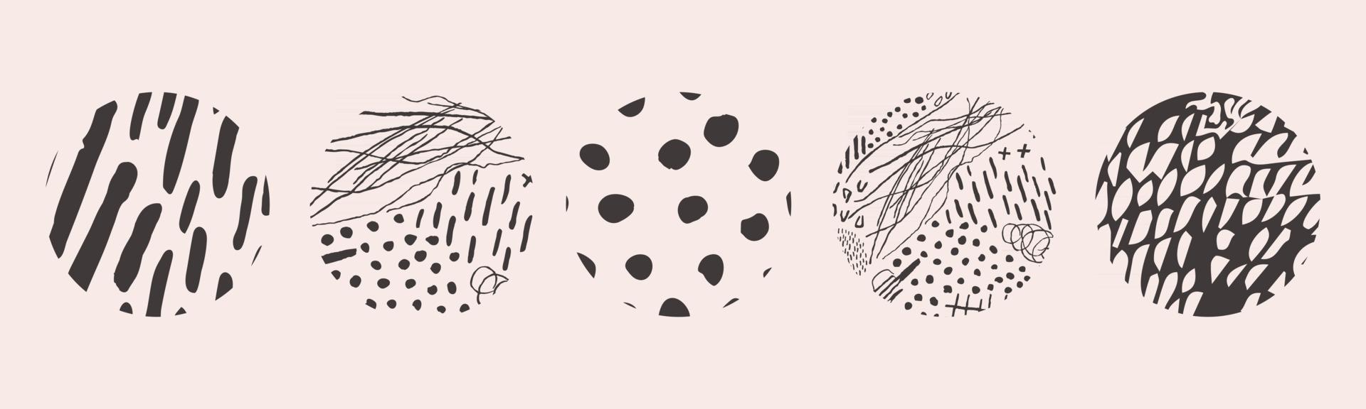 Vector hand drawn set with round isolated abstract black patterns or backgrounds. Various doodle shapes for highlight covers, posters, social media Icons templates.