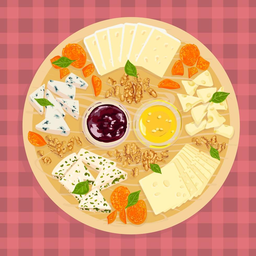 Vector colorful illustration set of cheeses on wooden plate.