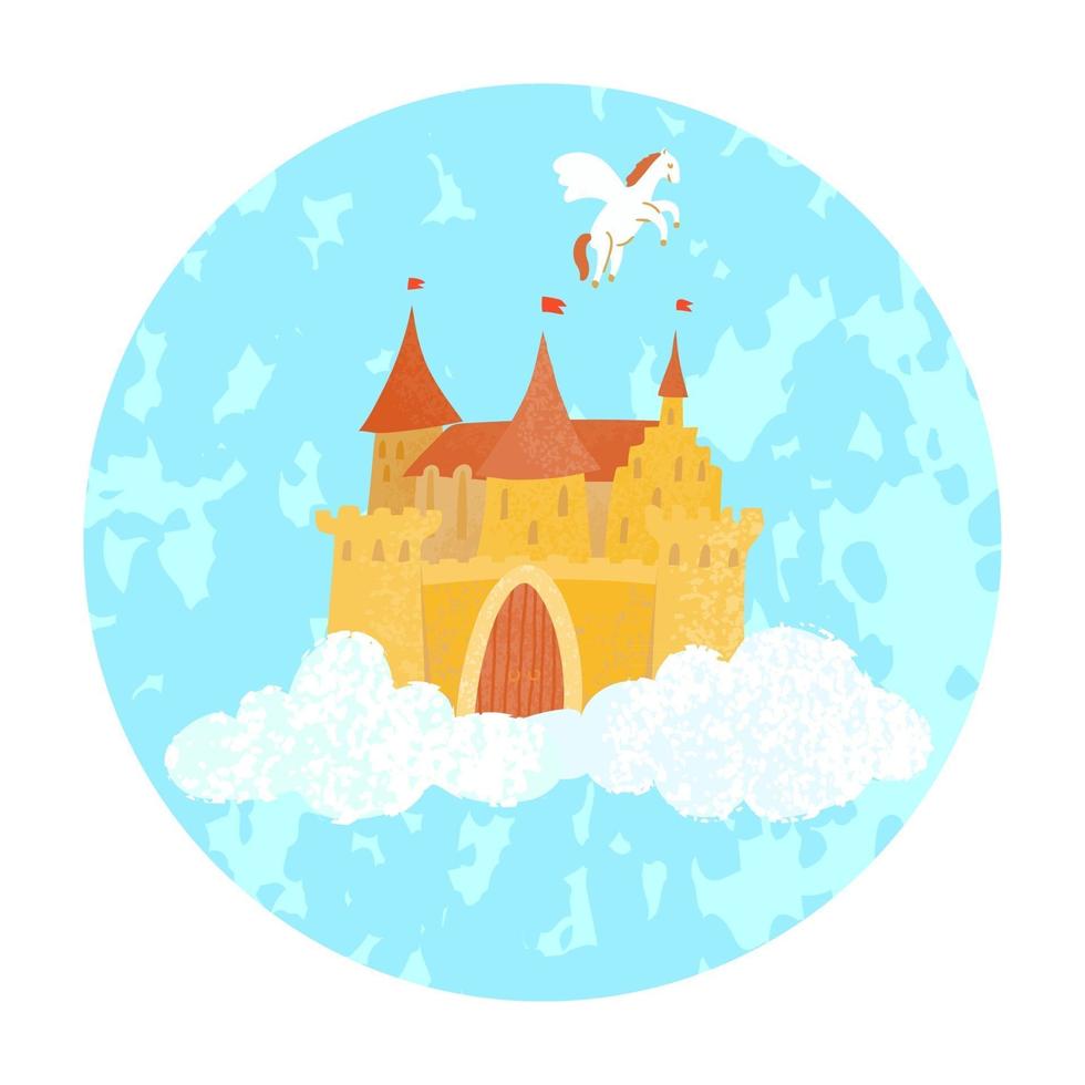 Vector colorful illustration of magical fairy princess castle floating in the clouds and Pegasus on a blue round background