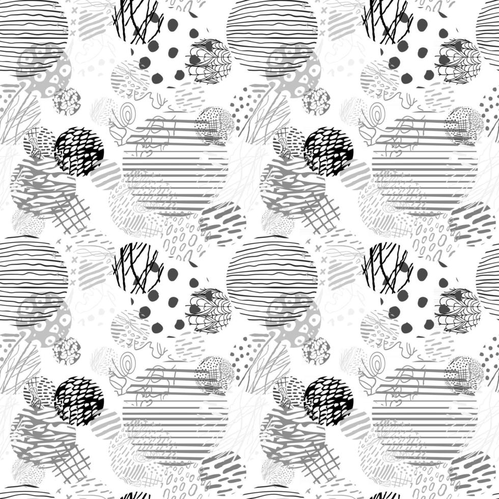 Vector modern black and white seamless background with hand drawn abstract round elements, doodles. Use it for wallpaper, textile print, pattern fill, web, texture, wrapping paper, design presentation