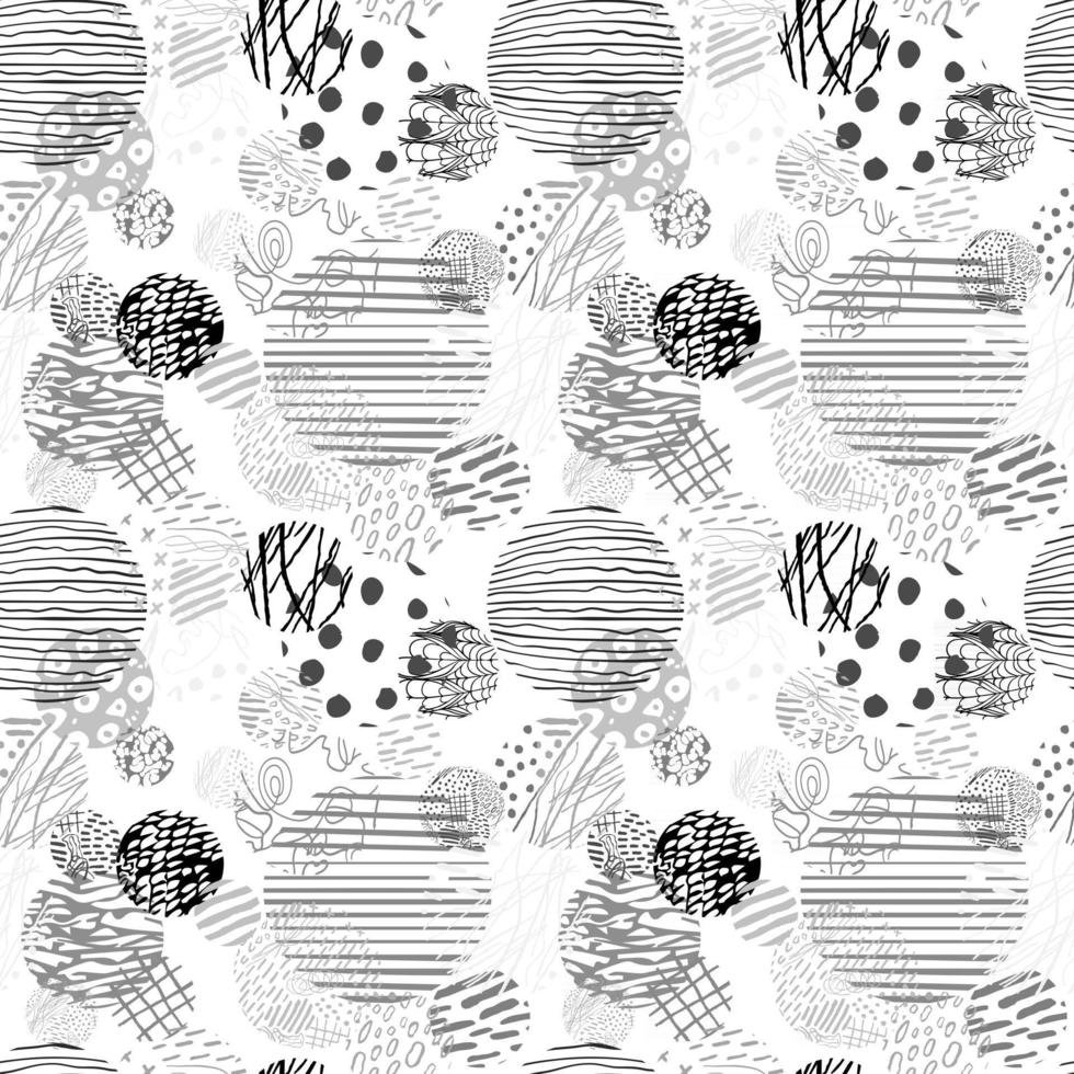 Vector fondo transparente blanco y negro moderno con elementos redondos abstractos dibujados a mano, garabatos. Úselo para papel tapiz, impresión textil, relleno de patrón, tela, textura, papel de regalo, presentación de diseño