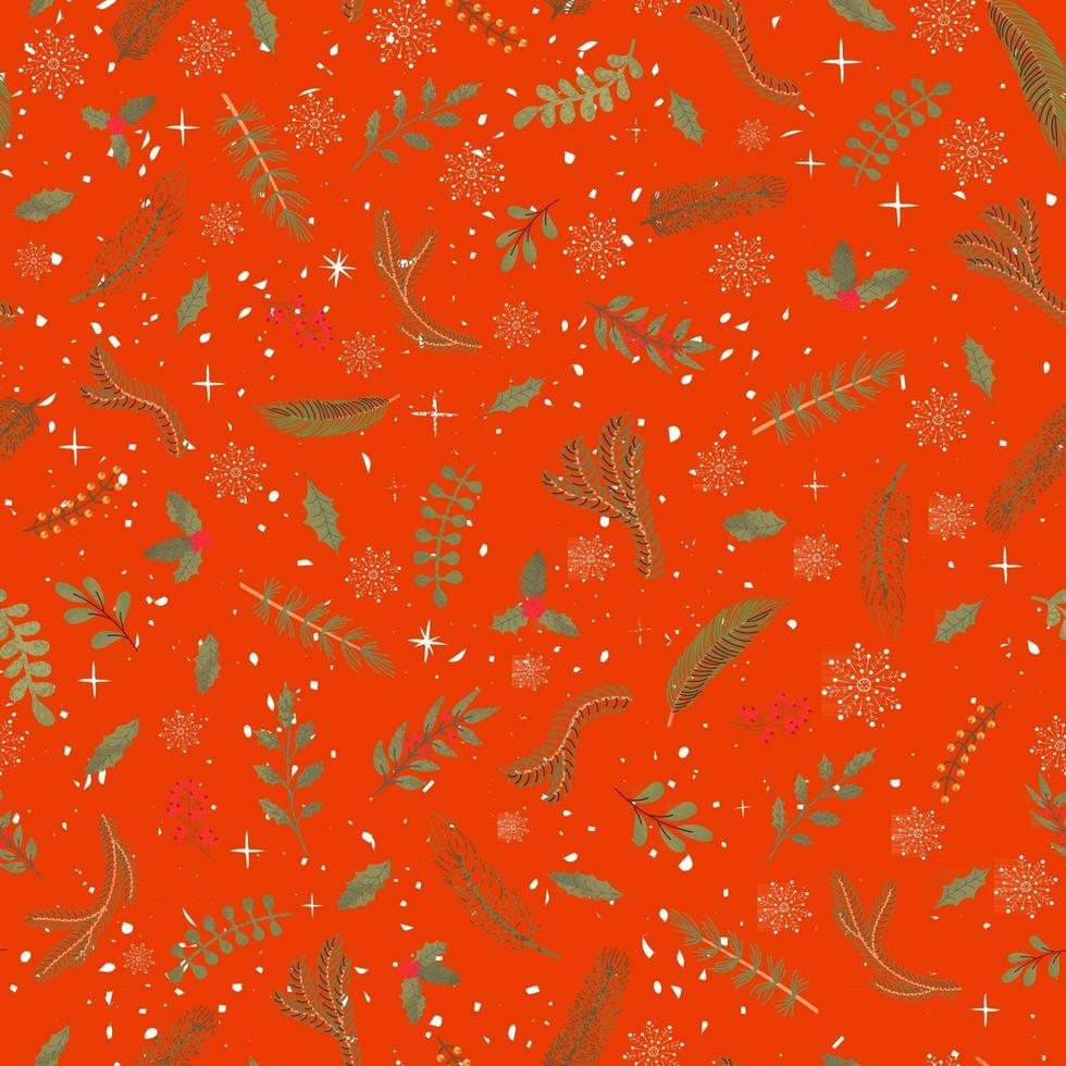 Vector modern seamless pattern with colorful hand draw illustration of Christmas plants. Use it for wallpaper, textile print, fills, web page, surface textures, wrapping paper, design of presentation