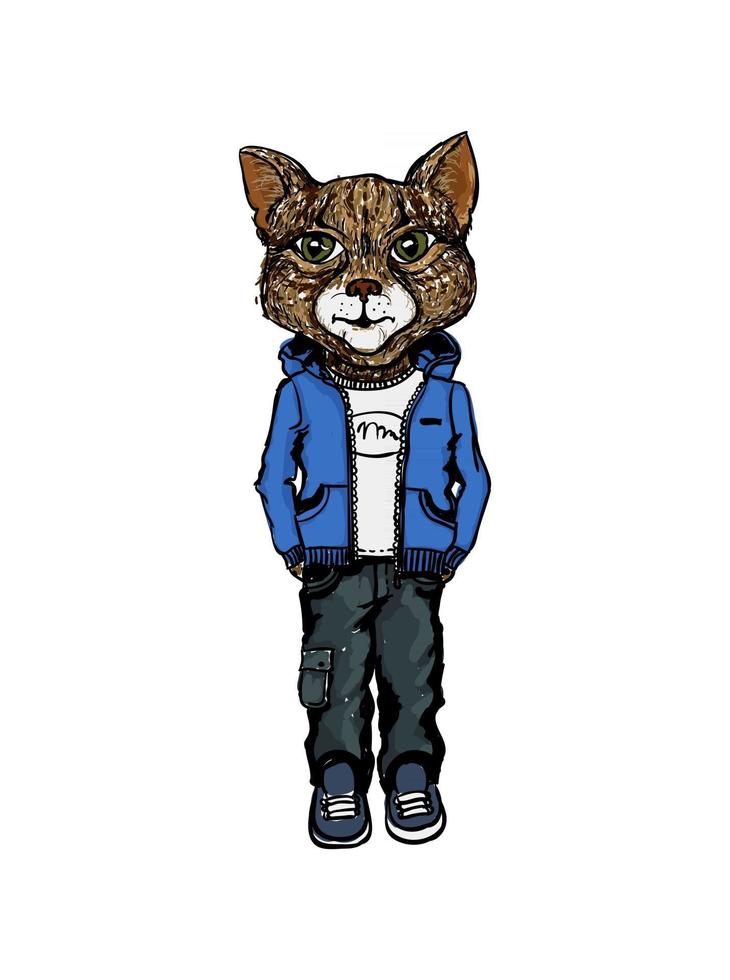 Vector colorful illustration of cat wearing casual clothes. Hipster animals.