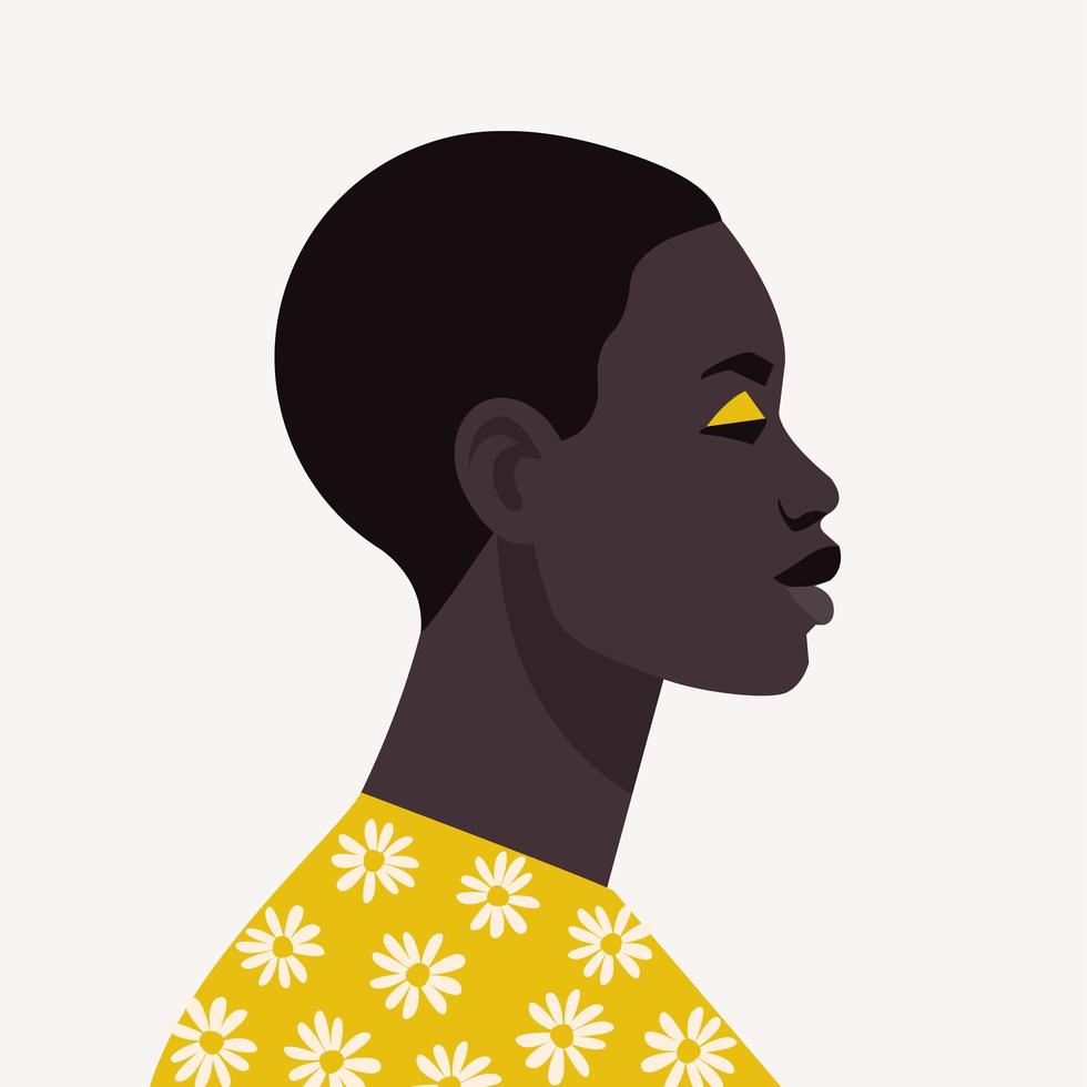 Young african woman with short hair. Portrait of beautiful african woman. Abstract female portrait, full face. Stock vector illustration in flat style.