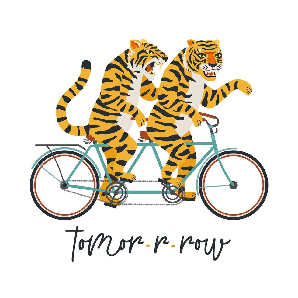 los tigres andan en bicicleta tándem. ilustración vectorial sobre un fondo blanco. tarjeta para niños, pegatina, invitación a fiesta, impresión para ropa de adolescente. vector