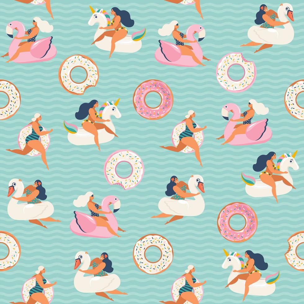 Flamingo, unicorn, swan and sweet donut inflatable swimming pool floats. Vector seamless pattern.