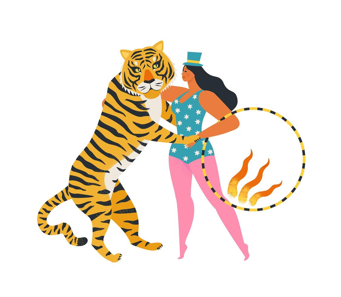 The circus tiger dancing with the woman holding a fiery ring. Enjoy the show. Illustration on white background. vector