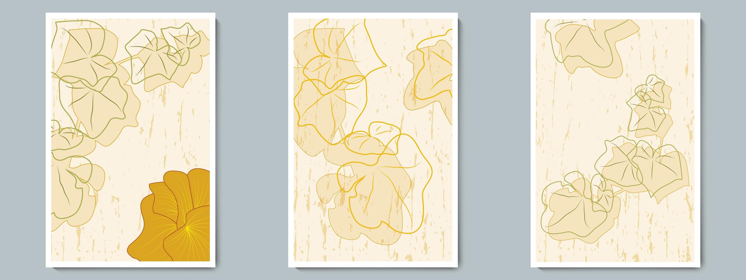 Botanical Wall Art Vector Poster One Clor Set. Minimalist Branch with Gold Flower Shadow, Contour and Texture Background