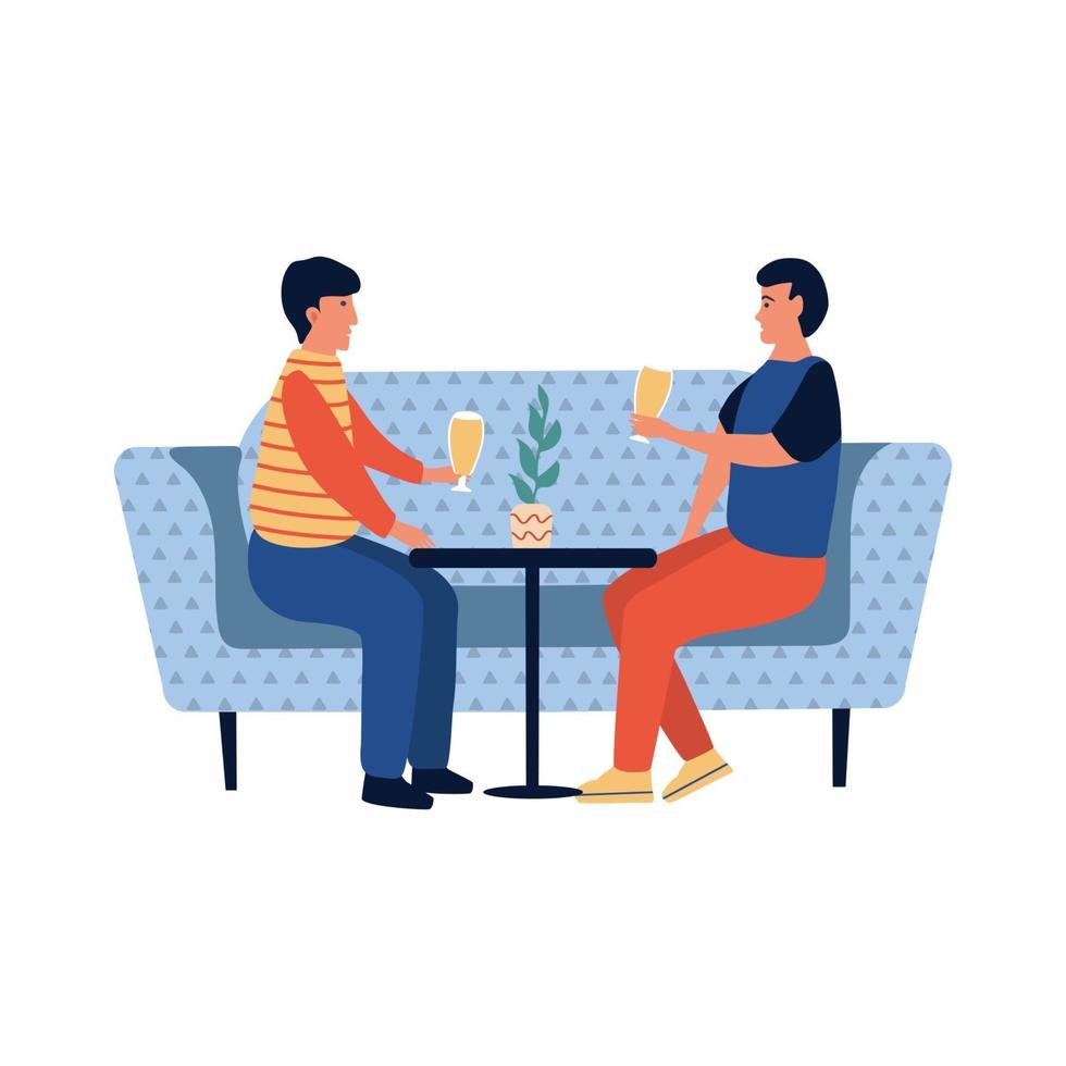 Young men sitting in a comfortable chairs, guys relaxing and drinking beer. vector