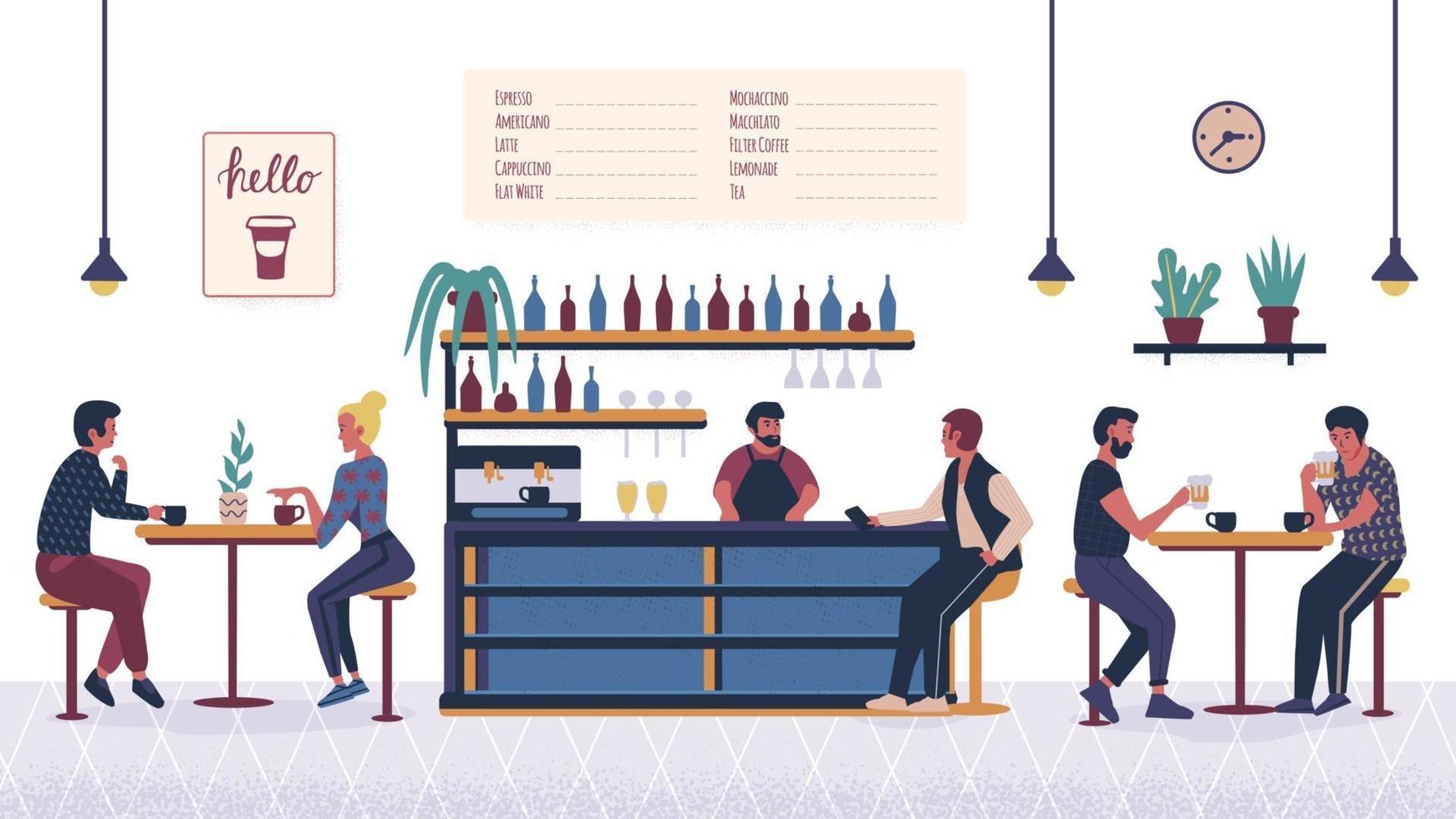 People in the bar cafe, cartoon couple, man and woman relaxing and  sitting at tables on date with drink and coffee. Cartoon flat characters. Barista barman making drink at bar counter interior. vector