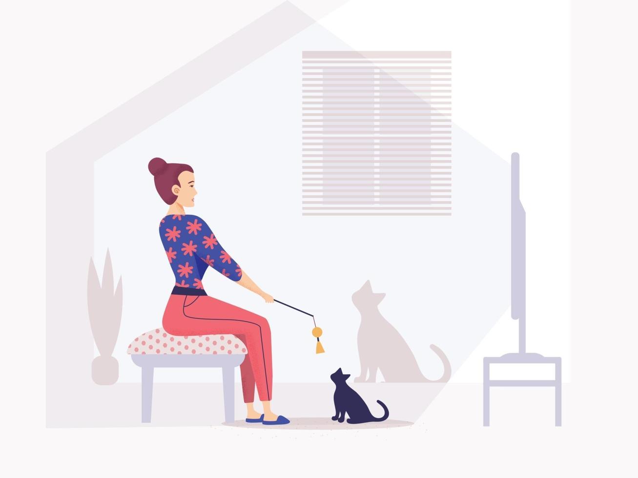 Girl watching television sitting in armchair, at home with cat. watch tv in living room, Woman at home on weekends. vector