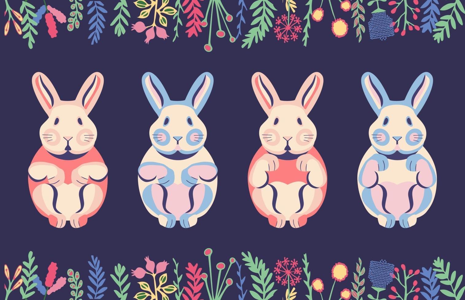 ute flat rabbits and pastel bunnies with hand drawn floral elements vector