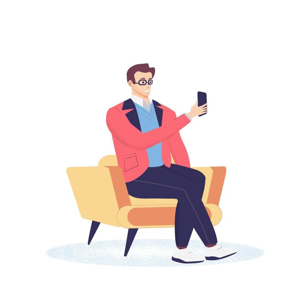 Young man sitting in a comfortable chair and takes a selfie using smartphone gadget. Modern guy with mobile phone. Flat Cartoon vector illustration isolated on background.