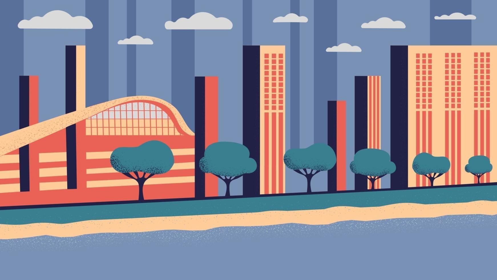 Industrial and city with buildings and skyscrapers. Architecture or cityscape of megapolis street in quarantine. Urban panorama of modern town near a river with a beach. Flat cartoon illustration. vector