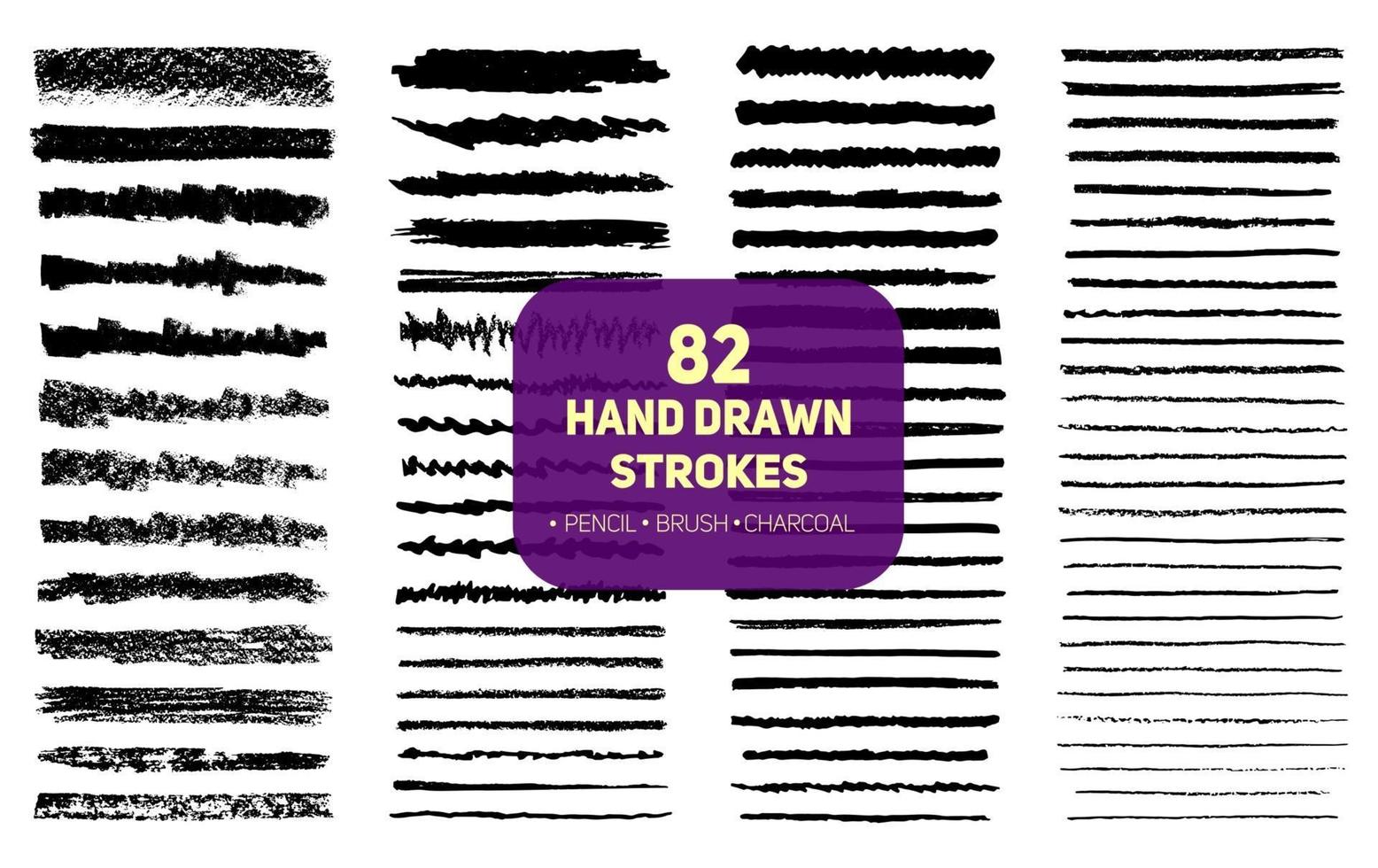 Set of 82 hand drawn texture brush, pencil and charcoal strokes lines. vector