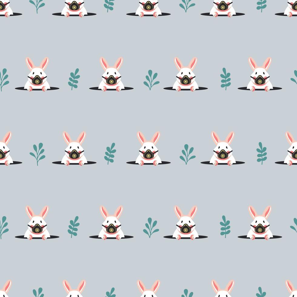 Seamless pattern with rabbits in respirators. Vector flat illustration.