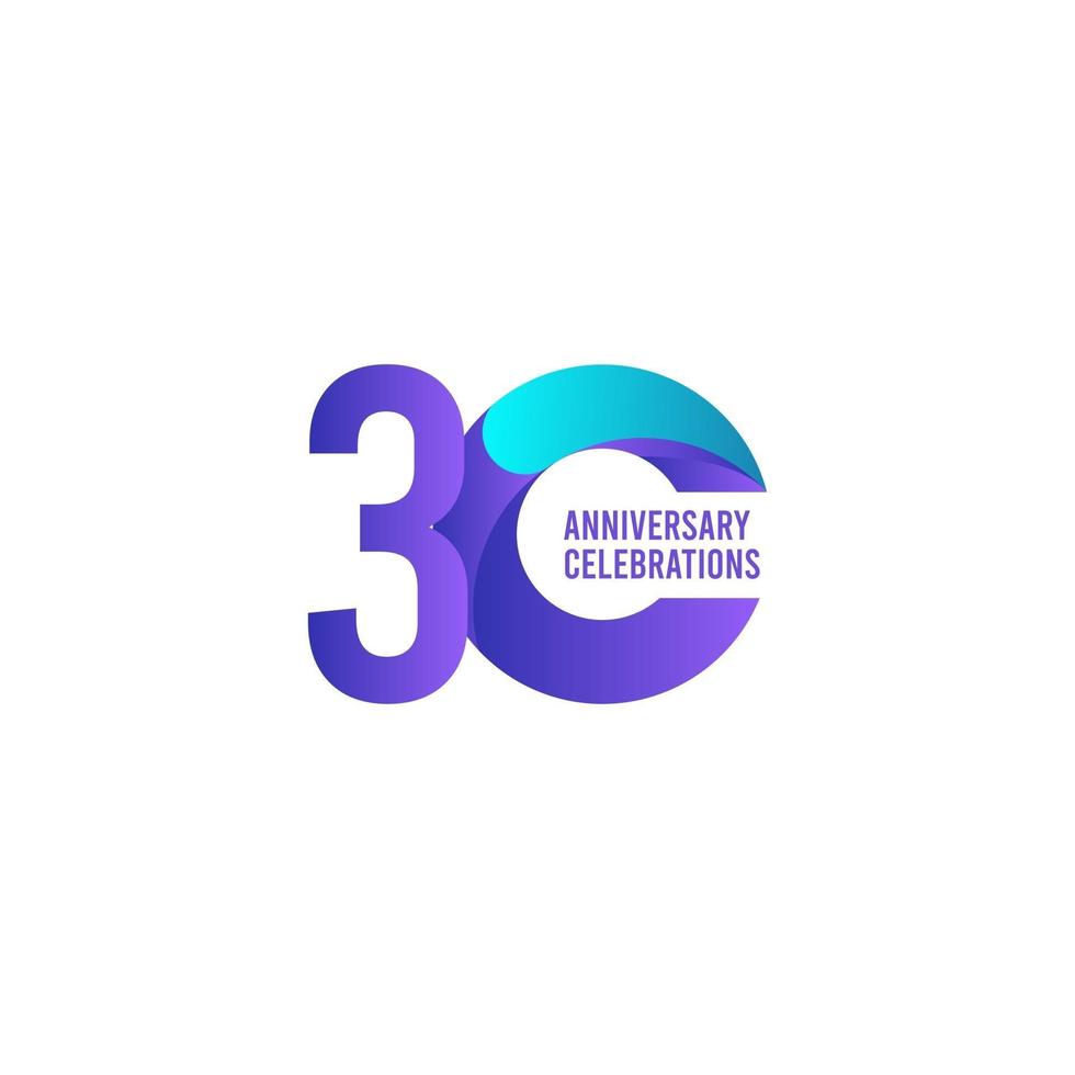 Celebración del aniversario de 30 años, ilustración de diseño de plantilla de vector degradado púrpura y azul