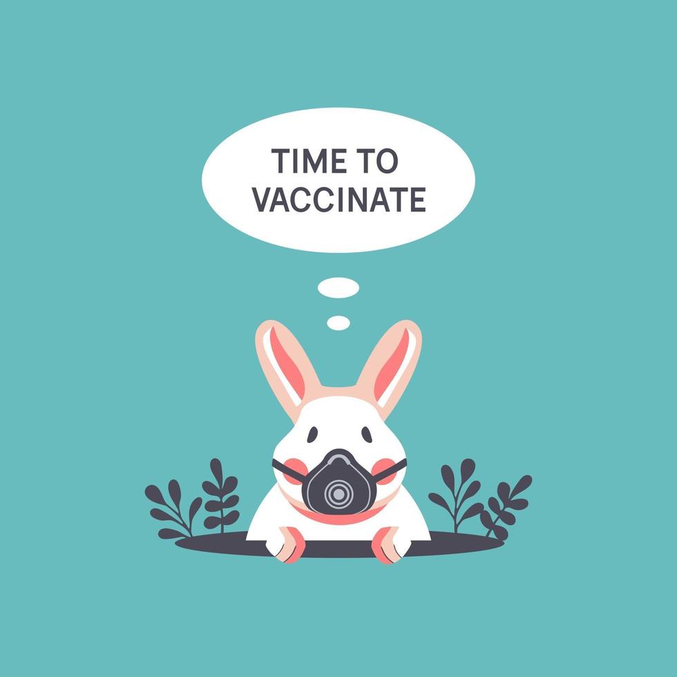 Time to vaccinate. Cute rabbit in a respirator peeps out of a hole vector