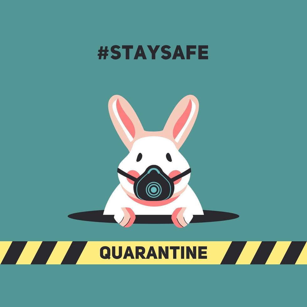 Cute rabbit peeps out of a hole during quarantine of Coronavirus vector
